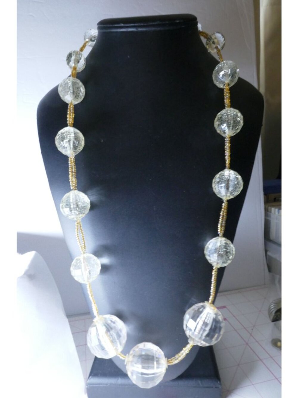 Vintage 80s Clear Faceted Lucite Bead Necklace Graduated Statement MCM 1.25" Orb - Picture 6 of 6